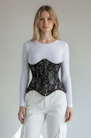 Top Drawer White w/Black Lace Double Steel Boned Curvy Cut Waist Cincher Corset