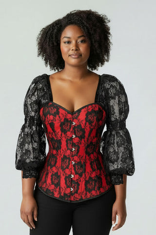 Top Drawer Red w/Black Lace Steel Boned Long Sleeve Corset