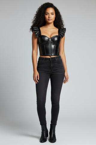 Lavish Black Faux Leather Bustier Top w/Ruffle Sleeves