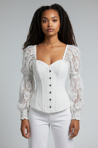 Top Drawer White w/White Lace Steel Boned Long Sleeve Corset