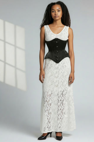 Top Drawer Black Satin Double Steel Boned Curvy Cut Waist Cincher Corset