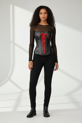 Lavish Wet Look Faux Leather Red Lace-Up Over Bust Corset