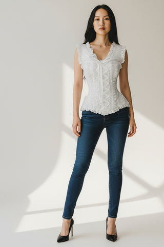 Top Drawer White Brocade & Lace Steel Boned Corset w/Cap Sleeves