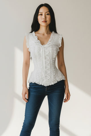 Top Drawer White Brocade & Lace Steel Boned Corset w/Cap Sleeves