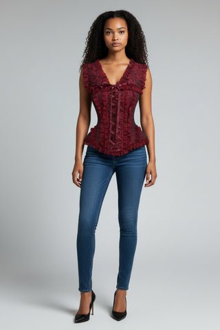 Top Drawer Red/Black Brocade & Lace Steel Boned Corset w/Cap Sleeves