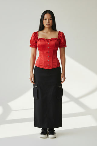 Top Drawer Steel Boned Red Satin Overbust Corset w/Sleeves