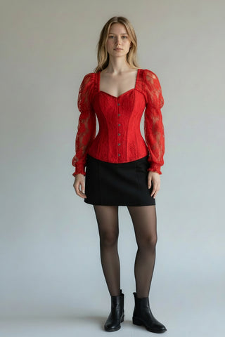 Top Drawer Red w/Red Lace Steel Boned Long Sleeve Corset