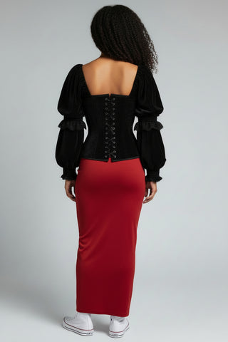Top Drawer Black Velvet Steel Boned Long Sleeve Corset
