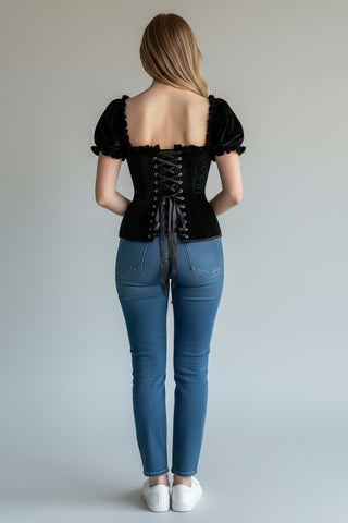 Top Drawer Steel Boned Black Velvet Overbust Corset w/Sleeves