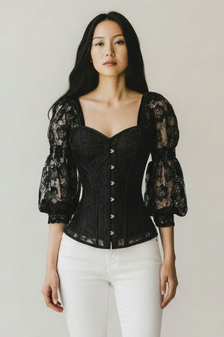 Top Drawer Black w/Black Lace Steel Boned Long Sleeve Corset