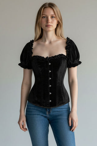Top Drawer Steel Boned Black Velvet Overbust Corset w/Sleeves