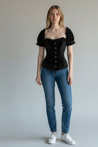 Top Drawer Steel Boned Black Velvet Overbust Corset w/Sleeves