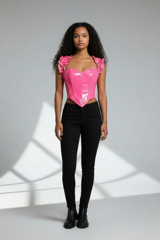 Top Drawer Steel Boned Hot Pink Patent Ruffle Sleeve Bustier Corset