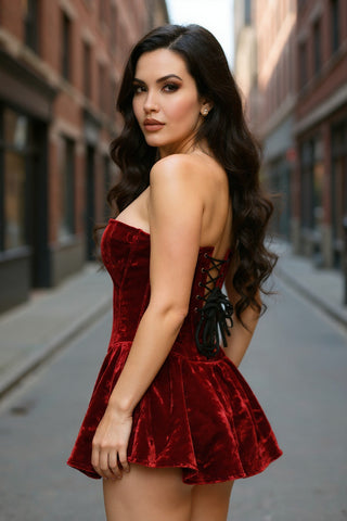 Dark Red Velvet Steel Boned Corset Dress