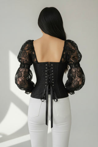 Top Drawer Black w/Black Lace Steel Boned Long Sleeve Corset