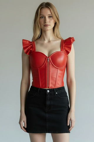 Lavish Red Faux Leather Bustier Top w/Ruffle Sleeves