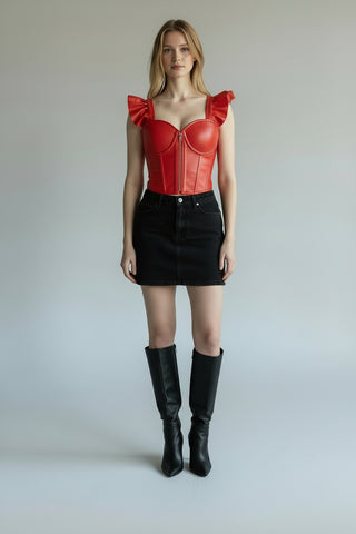 Lavish Red Faux Leather Bustier Top w/Ruffle Sleeves