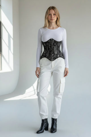 Top Drawer White w/Black Lace Double Steel Boned Curvy Cut Waist Cincher Corset