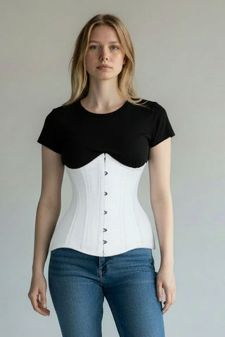 Top Drawer CURVY White Cotton Double Steel Boned Underbust Waist Cincher Corset