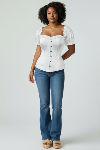 Top Drawer Steel Boned White Satin Overbust Corset w/Sleeves
