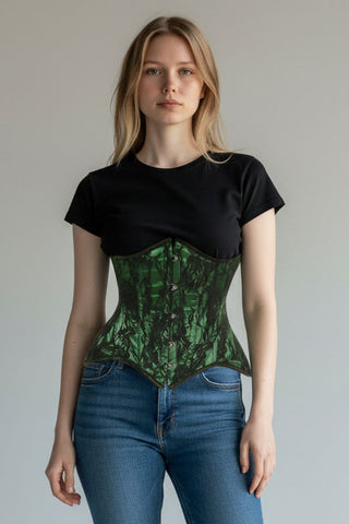 Top Drawer Green w/Black Lace Double Steel Boned Curvy Cut Waist Cincher Corset