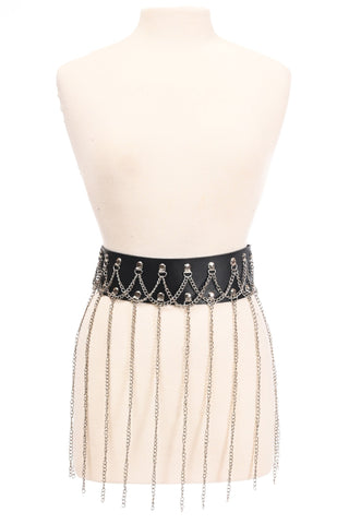 Black Faux Leather & Silver Chain Fringe Skirt