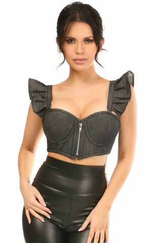 Lavish Black Denim Underwire Bustier Top w/Removable Ruffle Sleeves