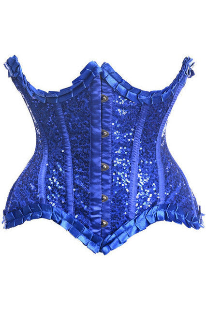 Top Drawer Blue Satin & Sequin Underwire Curvy Cut Steel Boned Waist Cincher Corset