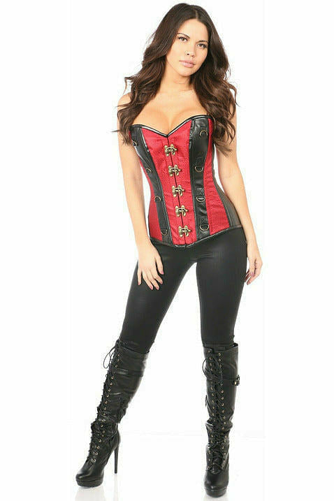 Top Drawer Wine Brocade & Faux Leather Steel Boned Corset