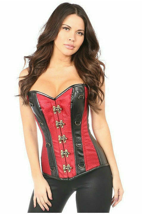 Top Drawer Wine Brocade & Faux Leather Steel Boned Corset